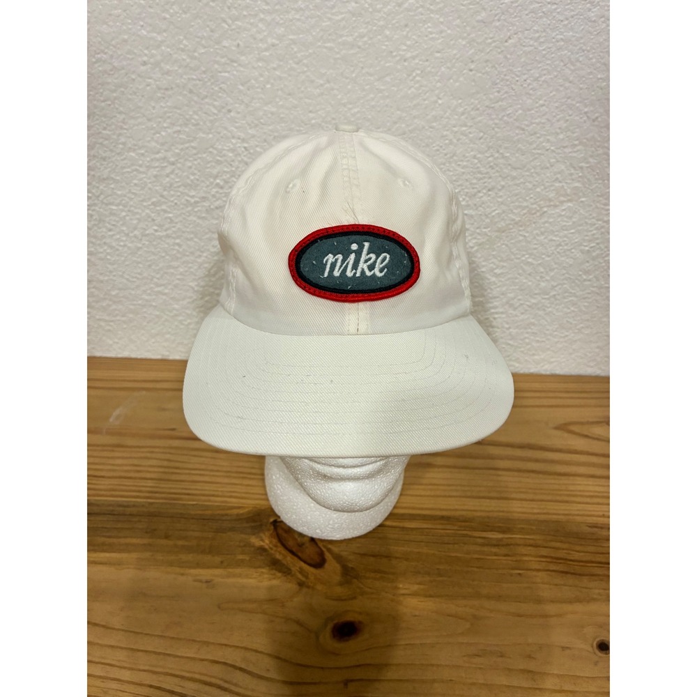 Vintage Nike White Nylon Adjustable Strapback Hat Script Oval Logo Patch Cap